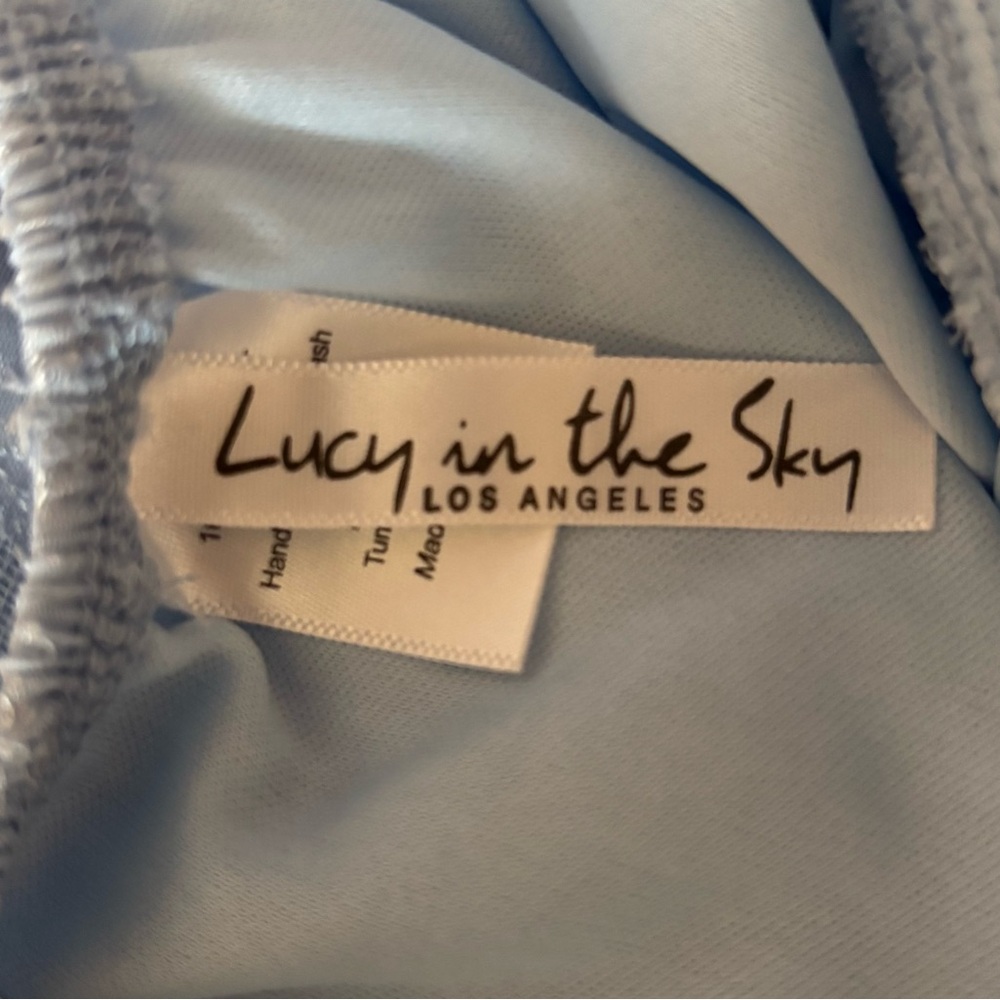Lucy in The Sky Dress Size Medium Baby Blue Tiered Ruffle Open Tie Back Mini - Picture 4 of 6